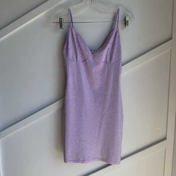 EMBELLISHED Spaghetti Strap V-neck Rhinestone Mini DRESS in Purple Lavender sz S - Picture 3 of 7